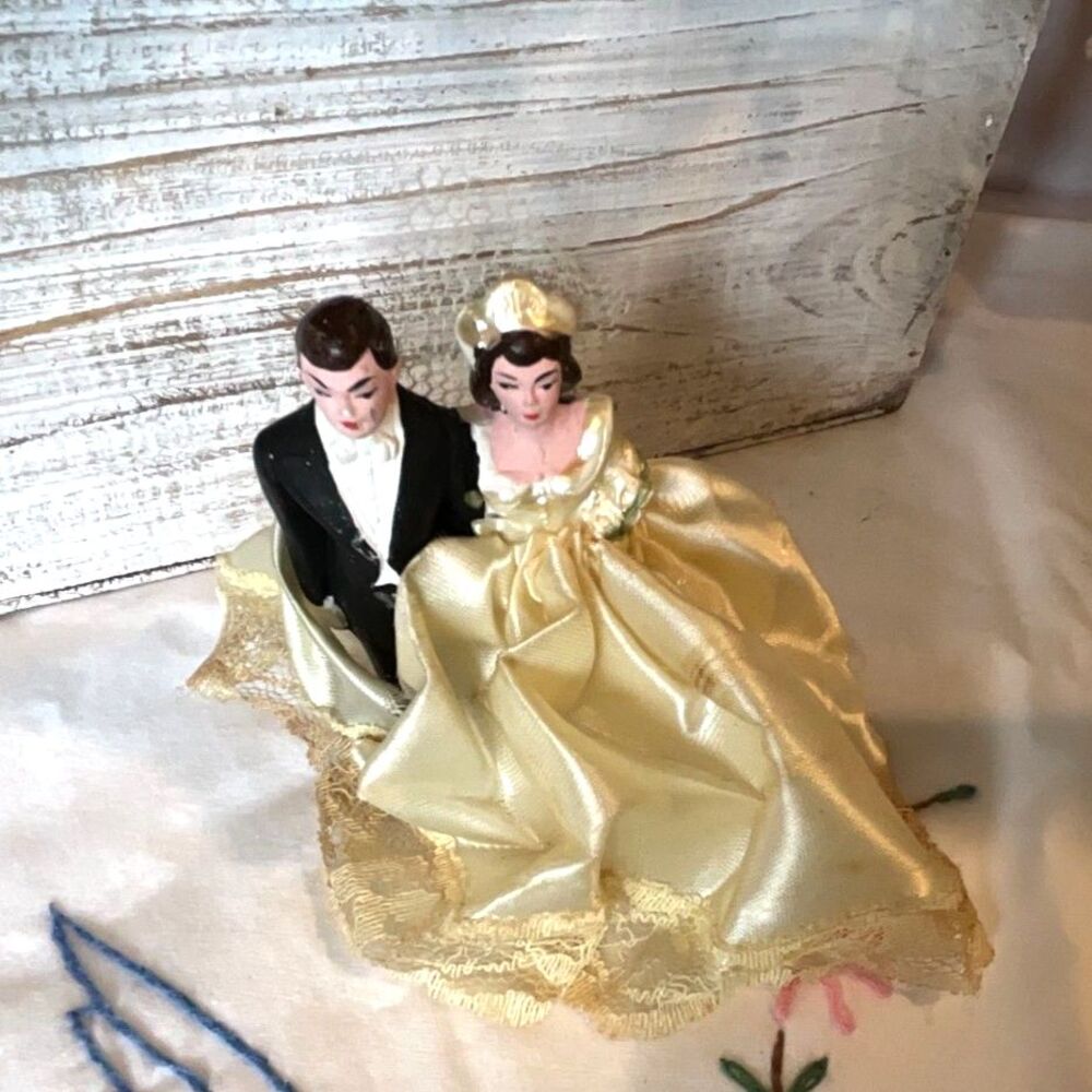 Wedding cake topper vintage chalkware satin wedding dress